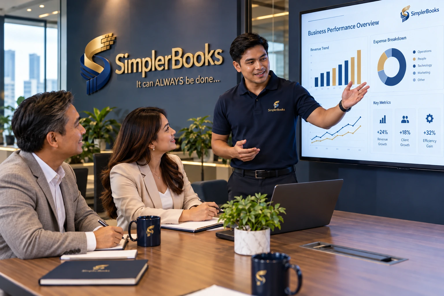 Illustrative SimplerBooks analyst presenting a dashboard to clients