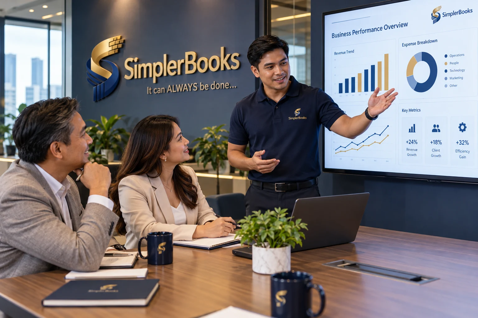 Illustrative SimplerBooks analyst presenting a dashboard to clients