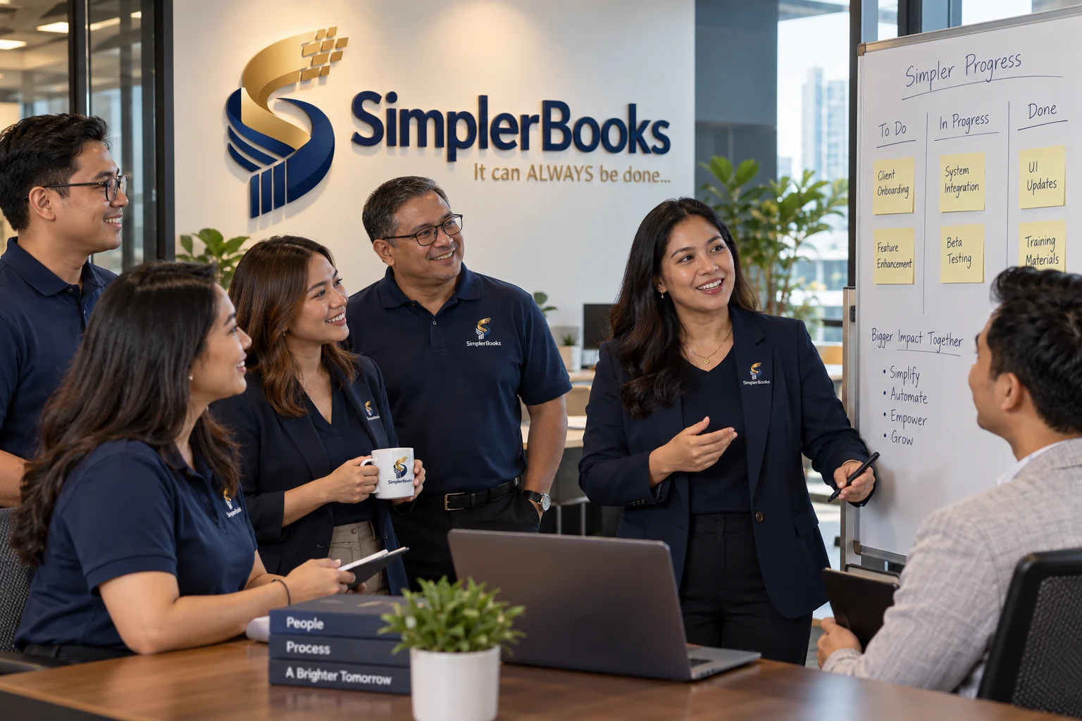 AI-created SimplerBooks brand scene: solve it as a team