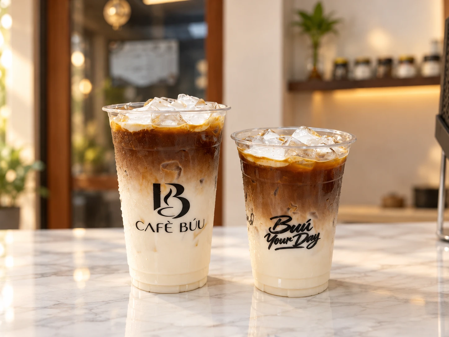 Two Café Búu branded iced drinks at the café counter