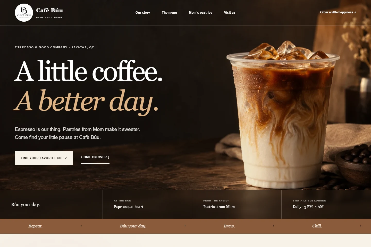 Actual public homepage screenshot of Café Búu POS