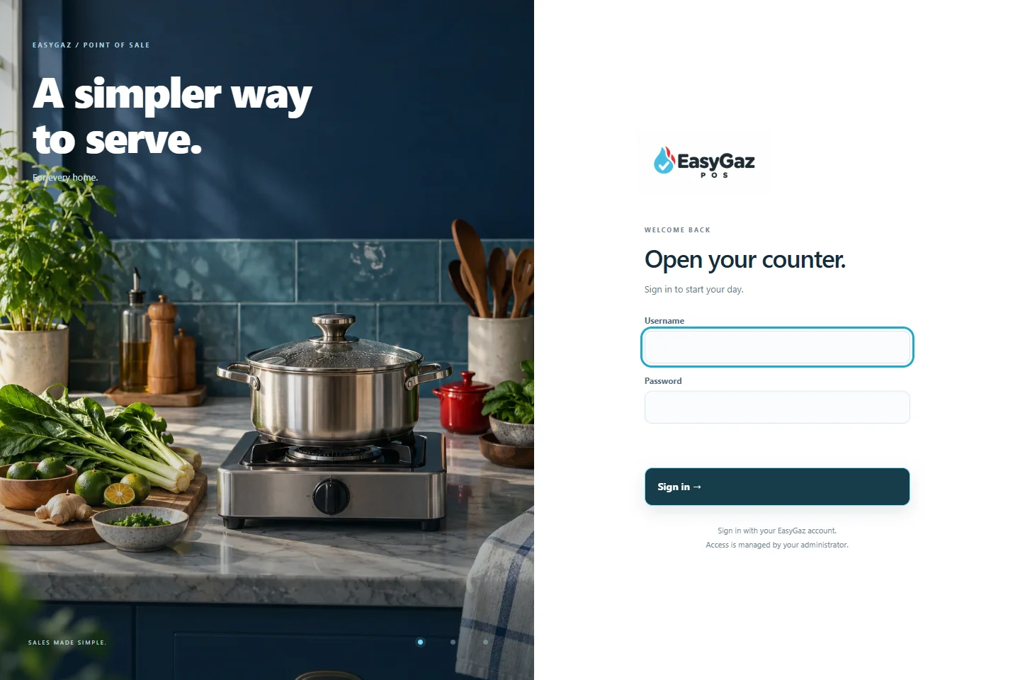 Public sign-in screen of Gaslite / EasyGaz POS