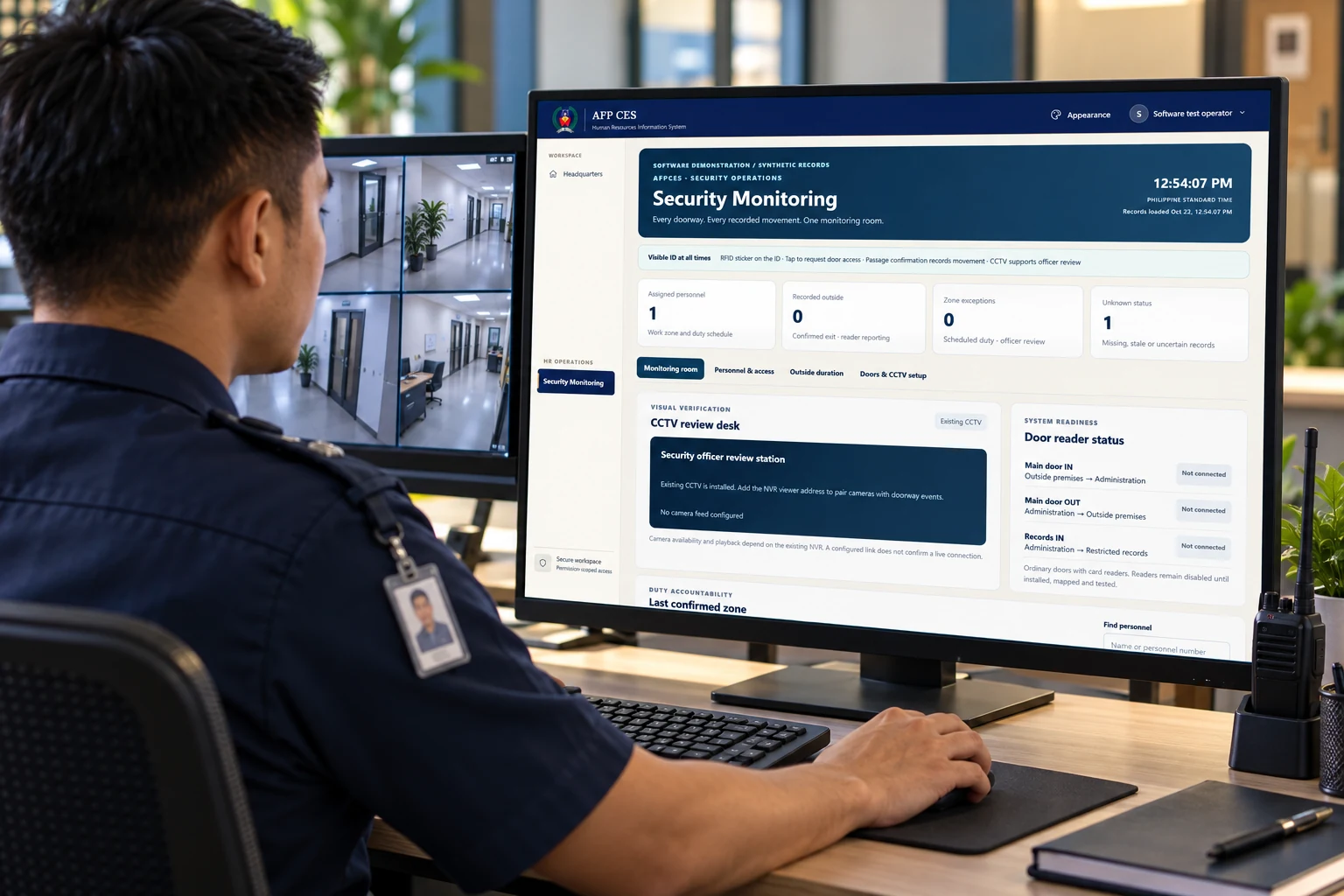 AI-generated security officer using the actual AFPCES screen with synthetic records