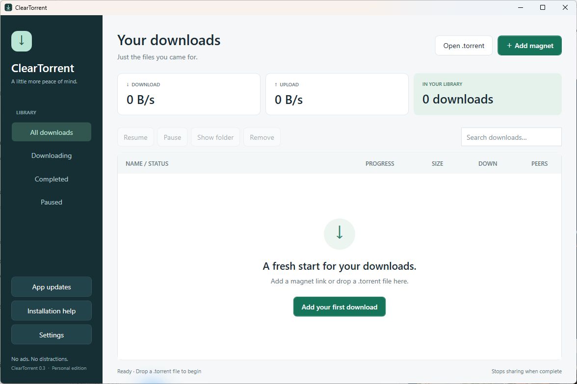 Actual ClearTorrent 0.3 Windows app showing its empty download library
