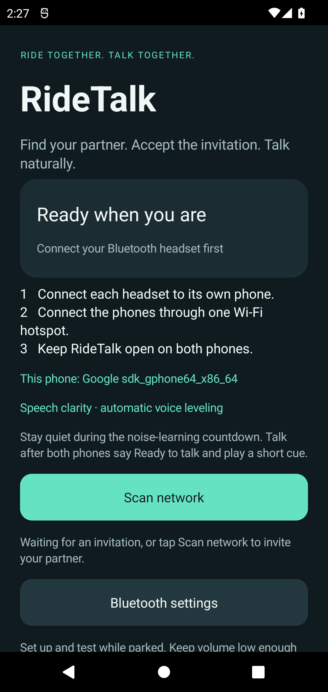 Actual RideTalk 0.7 setup screen with Scan network and Bluetooth settings
