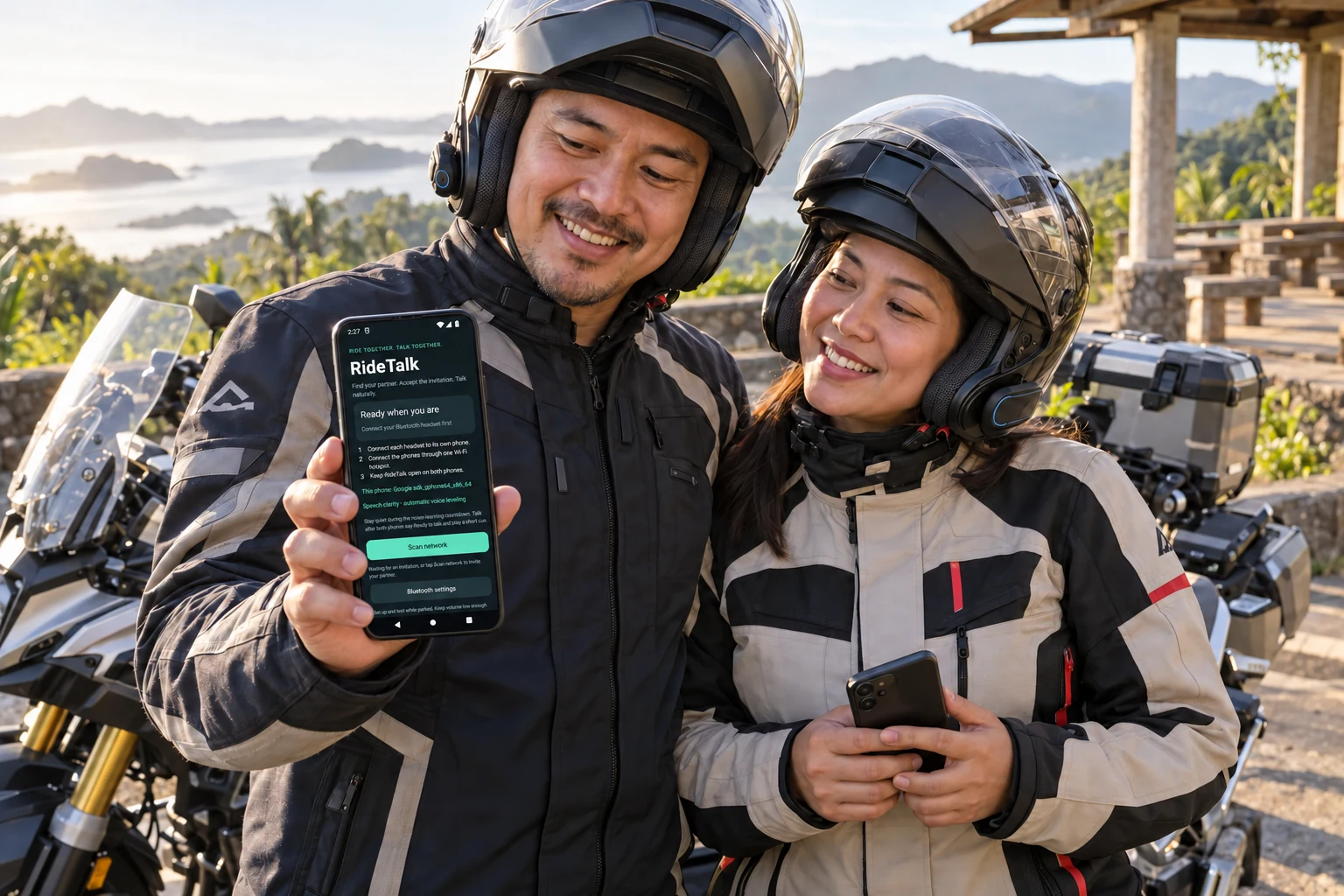 Illustration of a helmeted couple beside a parked motorcycle with RideTalk visible on a phone