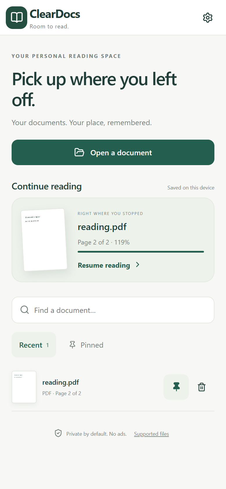 Actual ClearDocs reading shelf screen with a saved PDF and Open a document button