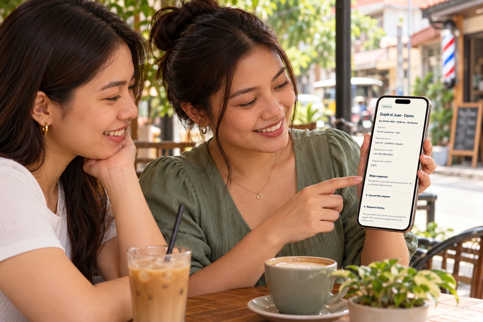AI-generated illustration of fictional Filipino friends checking an actual JuanClick confirmed-appointment screenshot reference