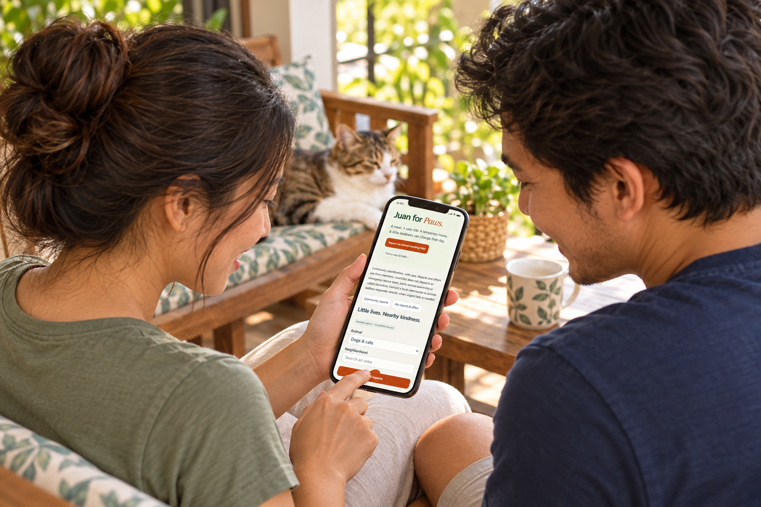 AI-generated over-the-shoulder illustration of two neighbors viewing the phone screen together, with a cat nearby
