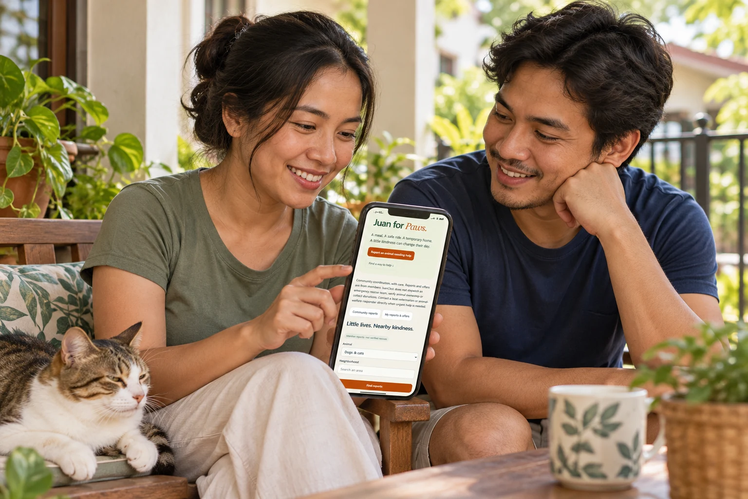 AI-generated illustration of neighbors viewing Juan for Paws on a phone with a dog and cat nearby