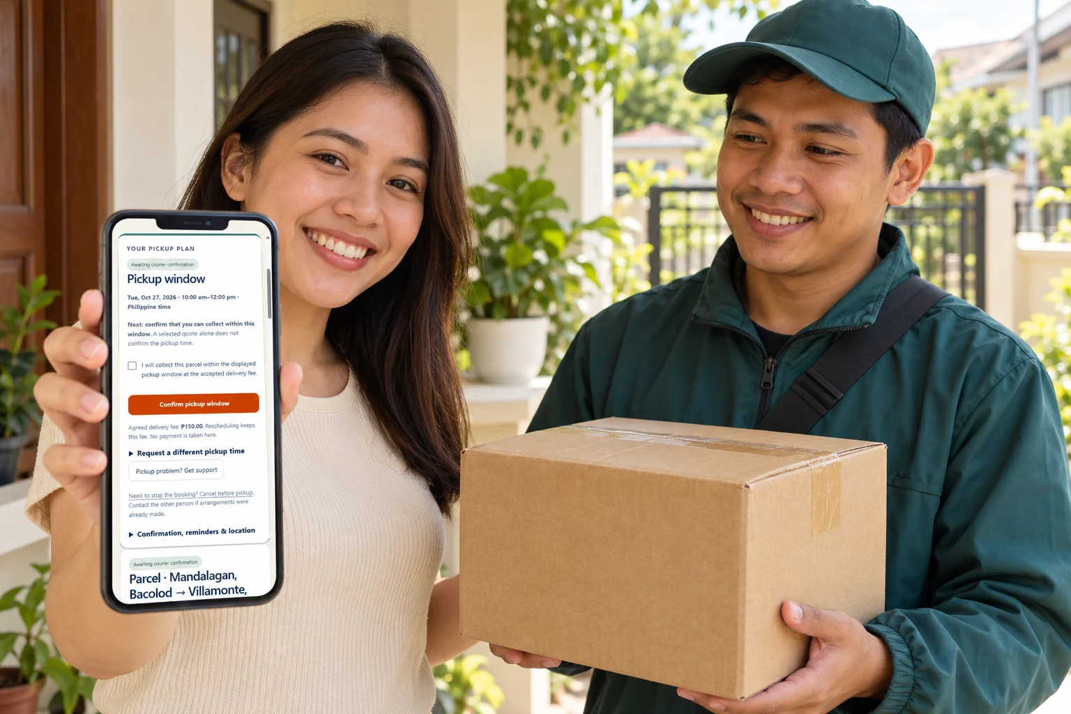 AI-generated fictional sender and courier with a real JuanClick pickup-confirmation screenshot on a phone