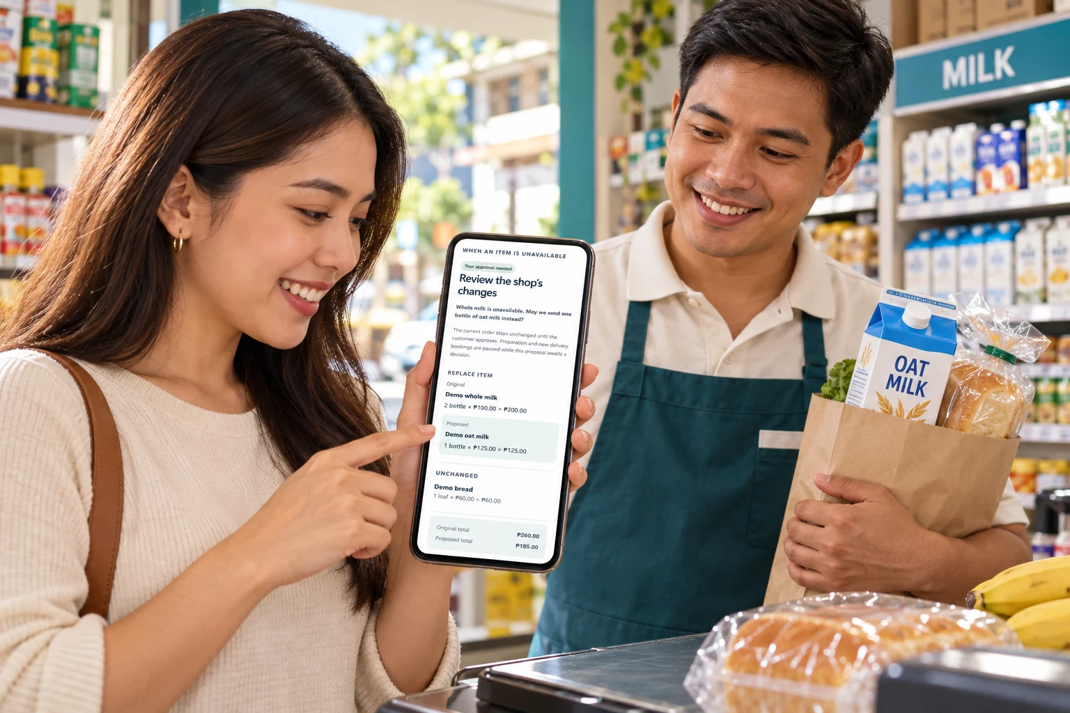 AI-generated fictional customer and shopkeeper with an actual JuanClick order-change review screen on a phone