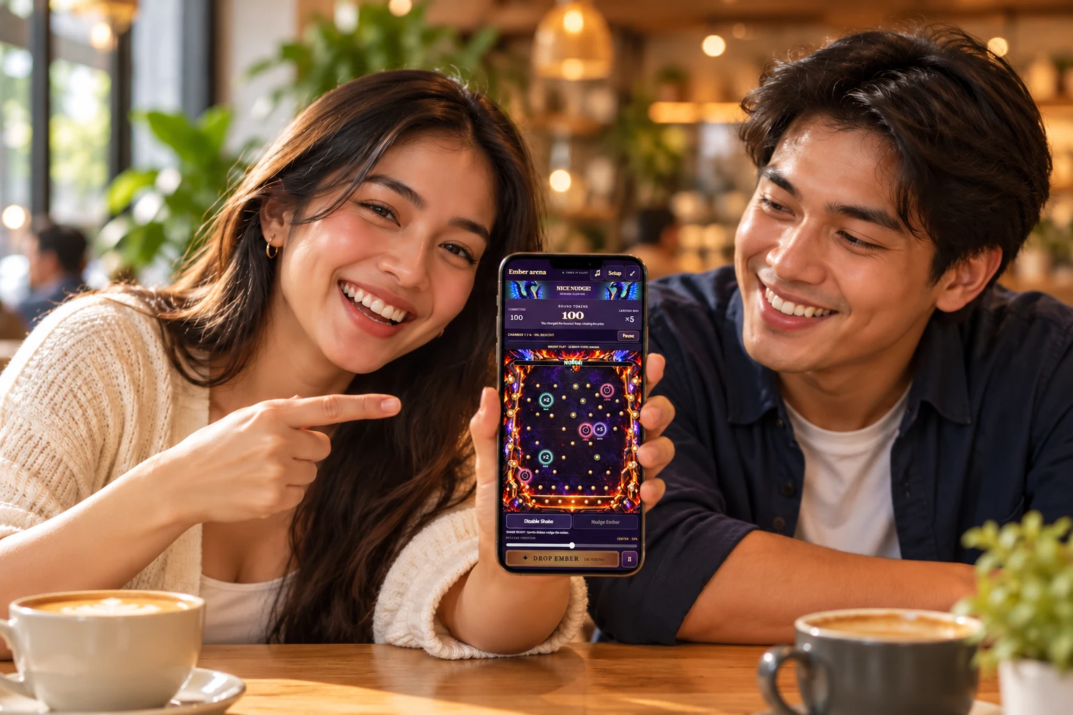 AI-generated cafe illustration using the actual Phakbet v16 game screen with Shake and Nudge Ember controls