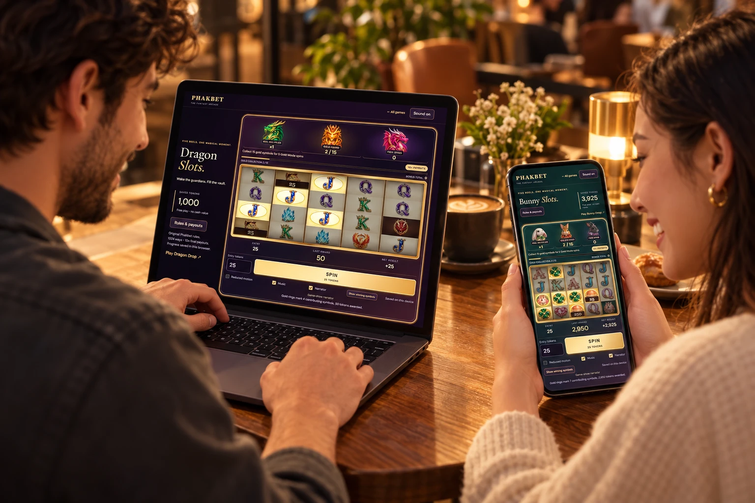 Generated over-the-shoulder illustration of adults using Phakbet v23, with the Dragon Slots laptop and Bunny Slots phone screens facing their players