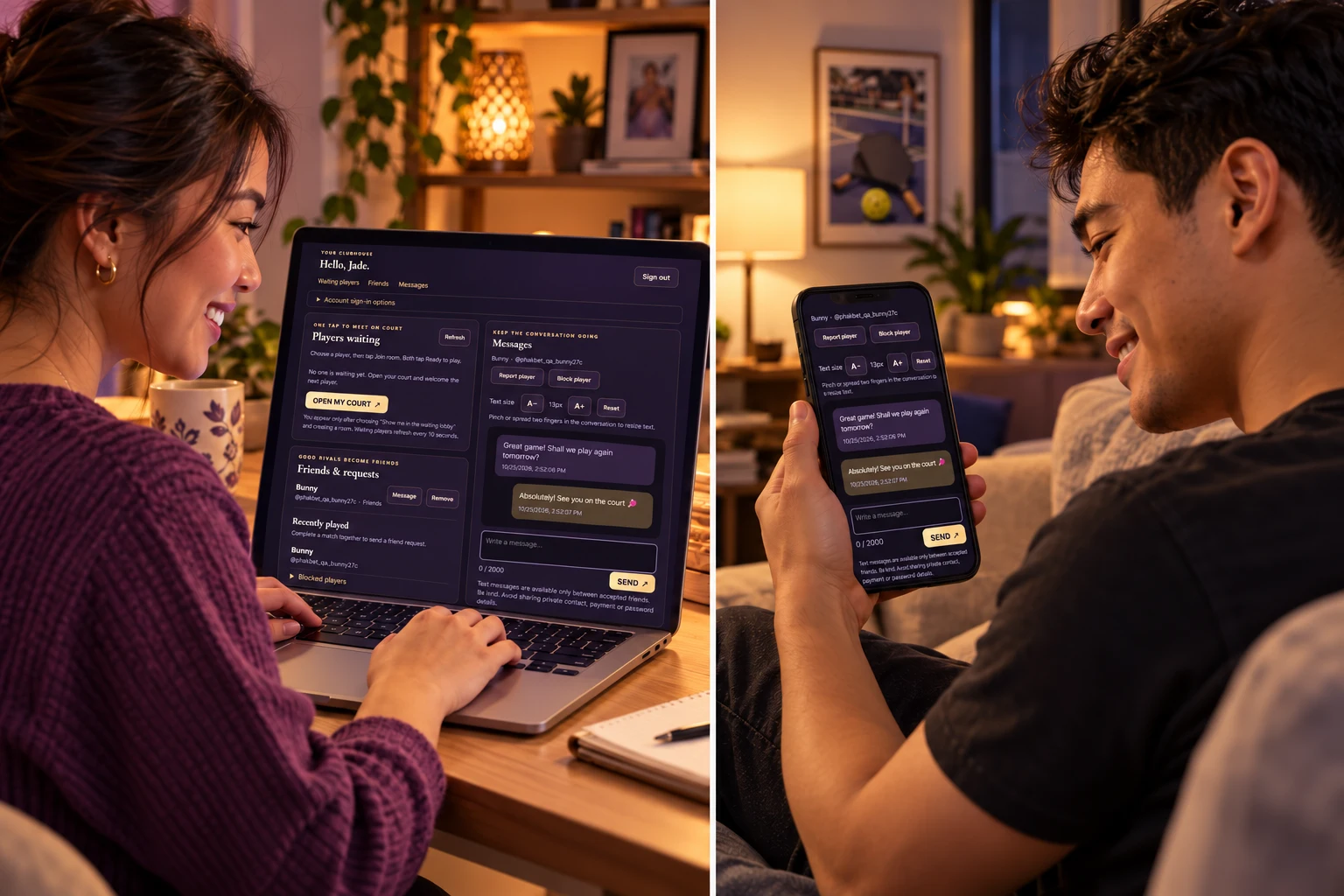 Generated illustration of friends staying in touch through the gold-and-purple Phakbet clubhouse on a laptop, using an actual v27 screenshot reference
