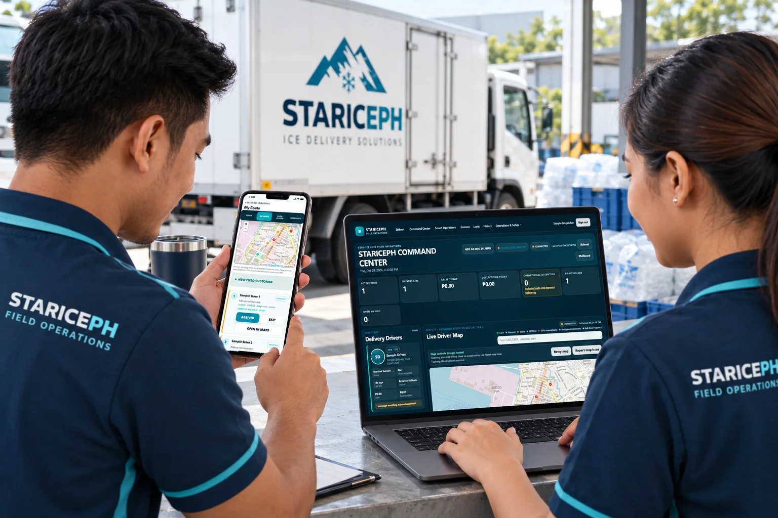 AI-generated illustration of fictional STARICEPH colleagues using the phone route view and command dashboard