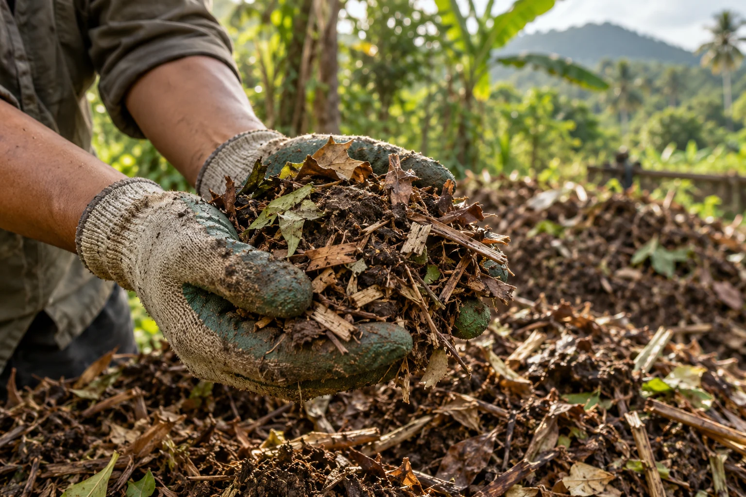 Gloved hands holding shredded organic material for compost