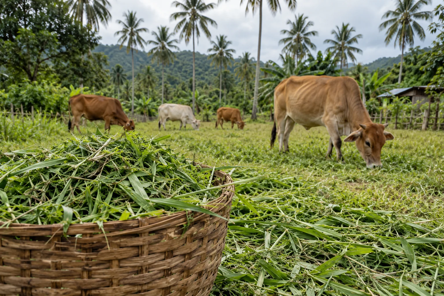 Fresh green forage and cattle on a tropical farm