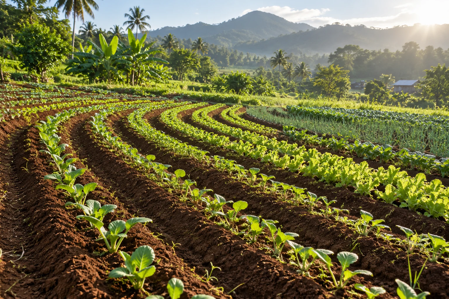 Rows of young vegetables in freshly prepared soil