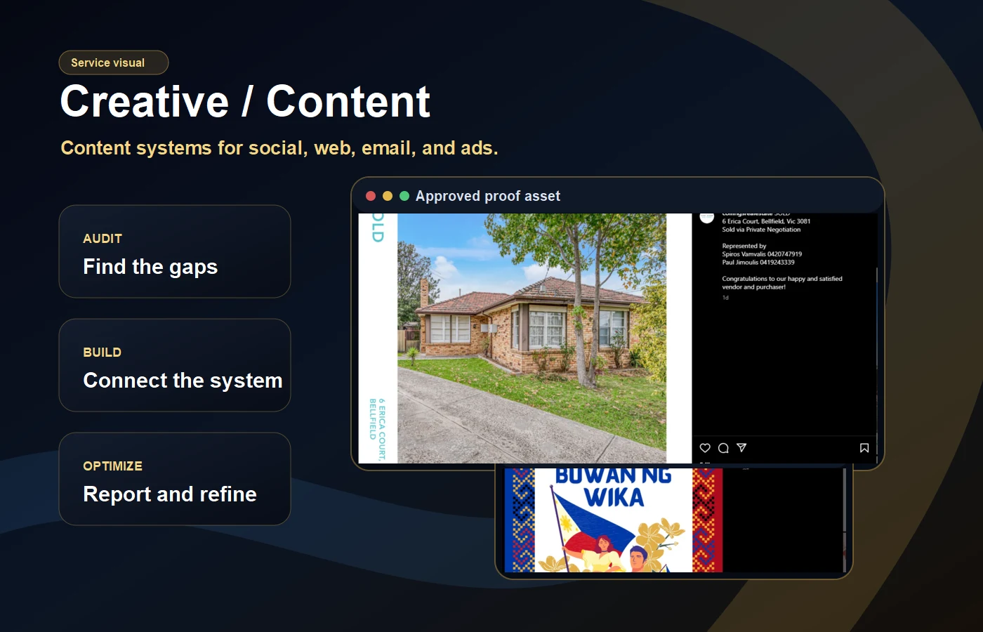 Creative and content service visual using approved social and website proof assets.
