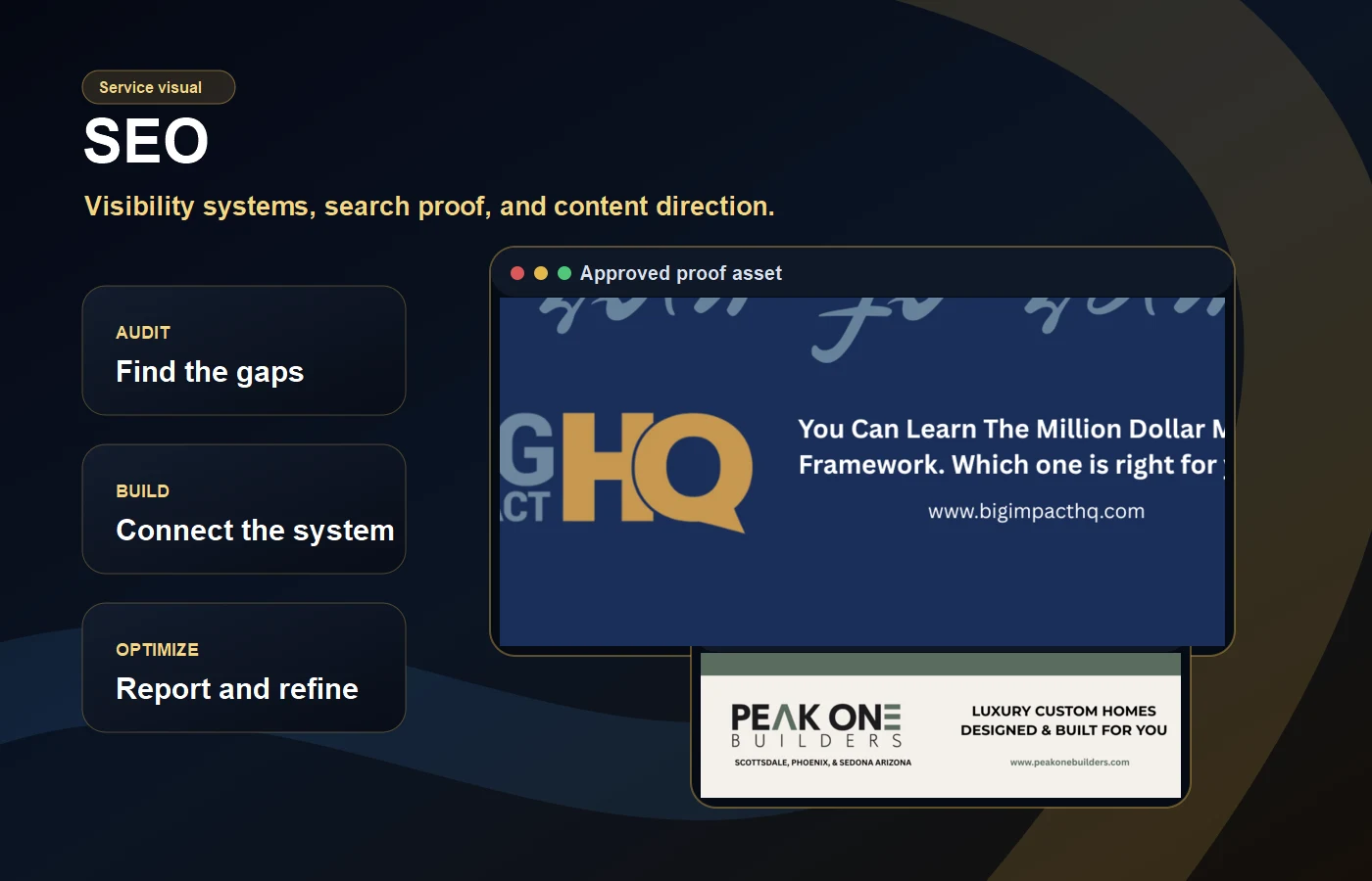 SEO service visual with approved search proof and website assets.