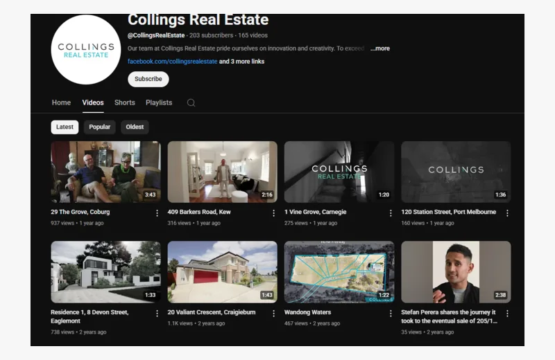 Collings Real Estate video and channel proof screenshot optimized for web display.