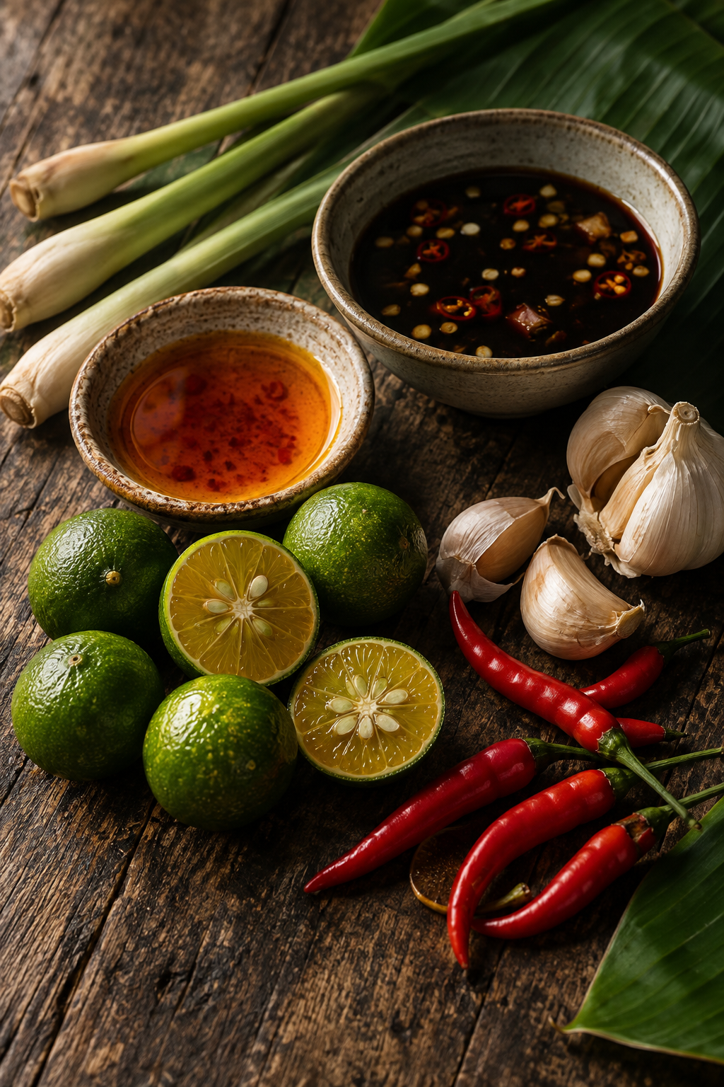 Illustrative calamansi, chilies, dipping sauce and chicken oil