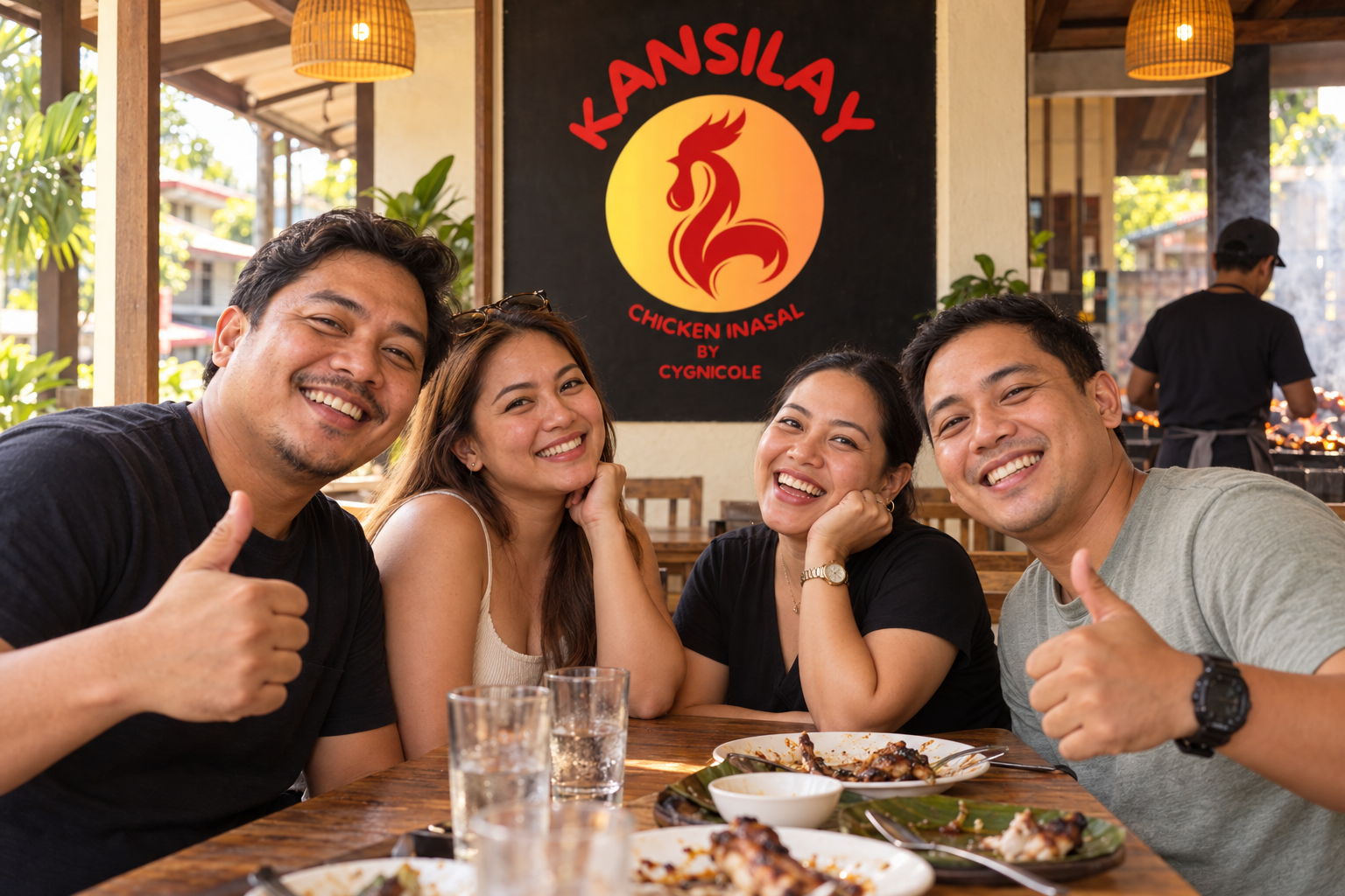 AI-created scene of friends giving thumbs-up beneath the Kansilay logo