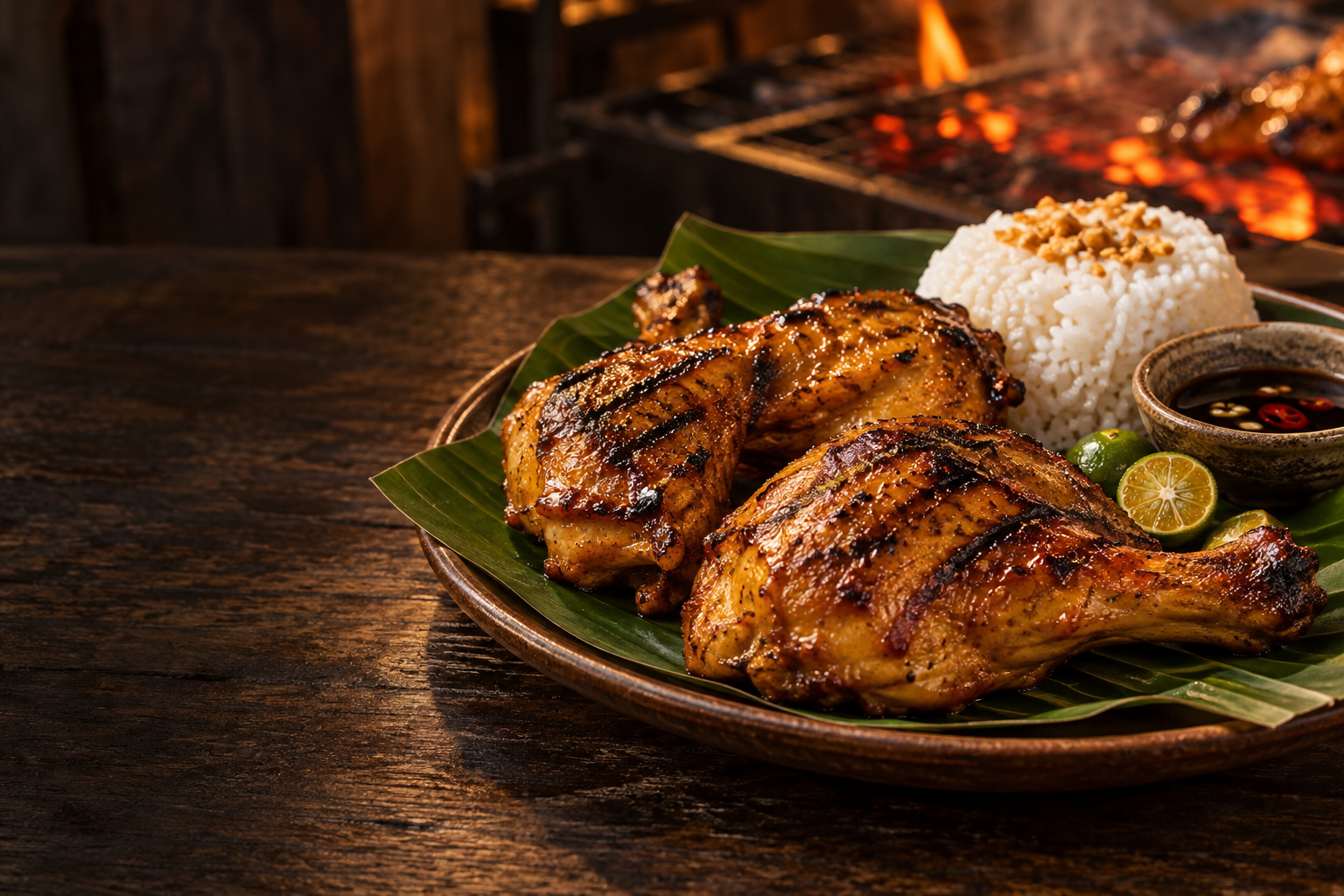 Illustration of golden chicken inasal with rice and calamansi on a banana leaf