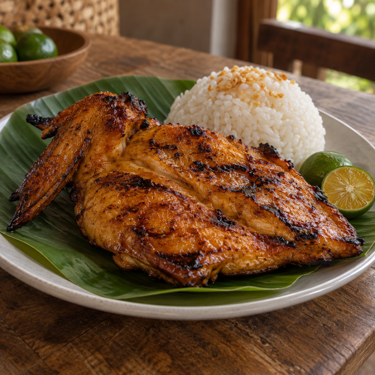 Illustrative pecho chicken inasal served on a banana leaf