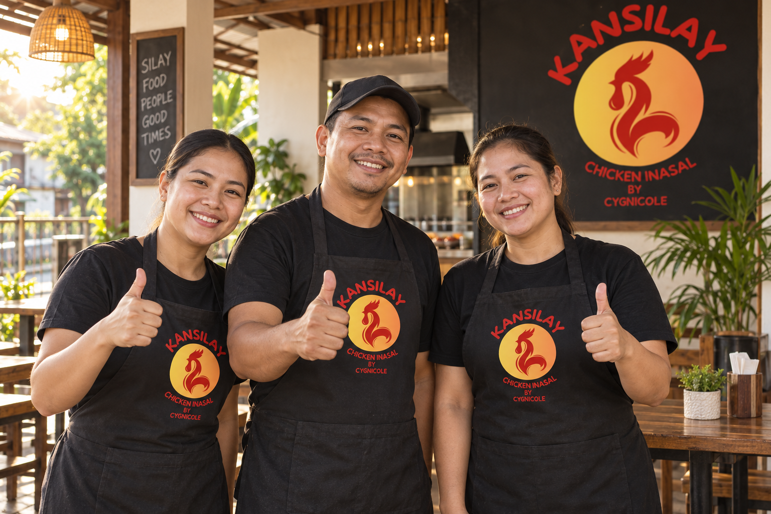 AI-created scene of smiling staff giving thumbs-up in Kansilay branded aprons