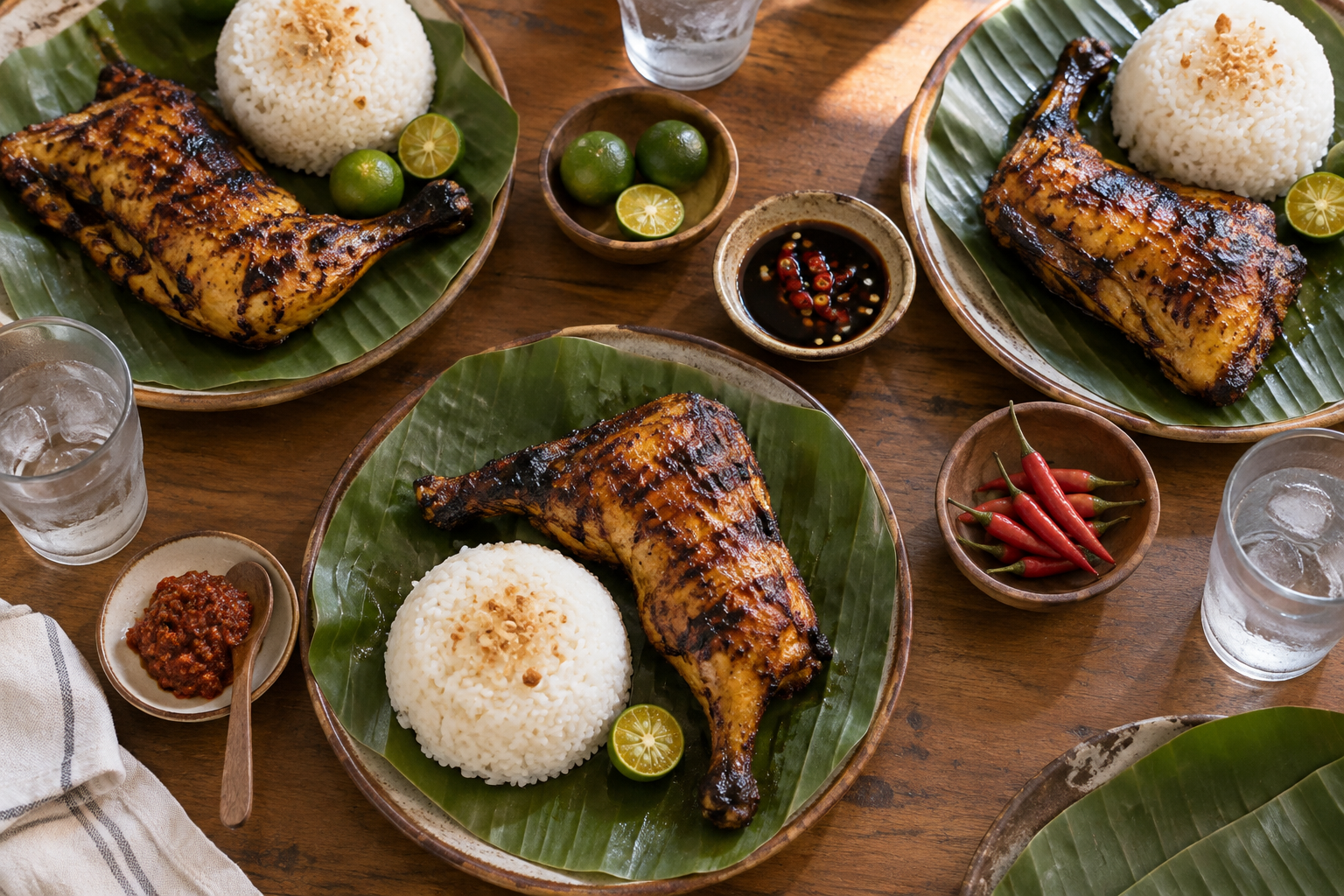 Illustrative inasal meal with rice and small bowls of condiments