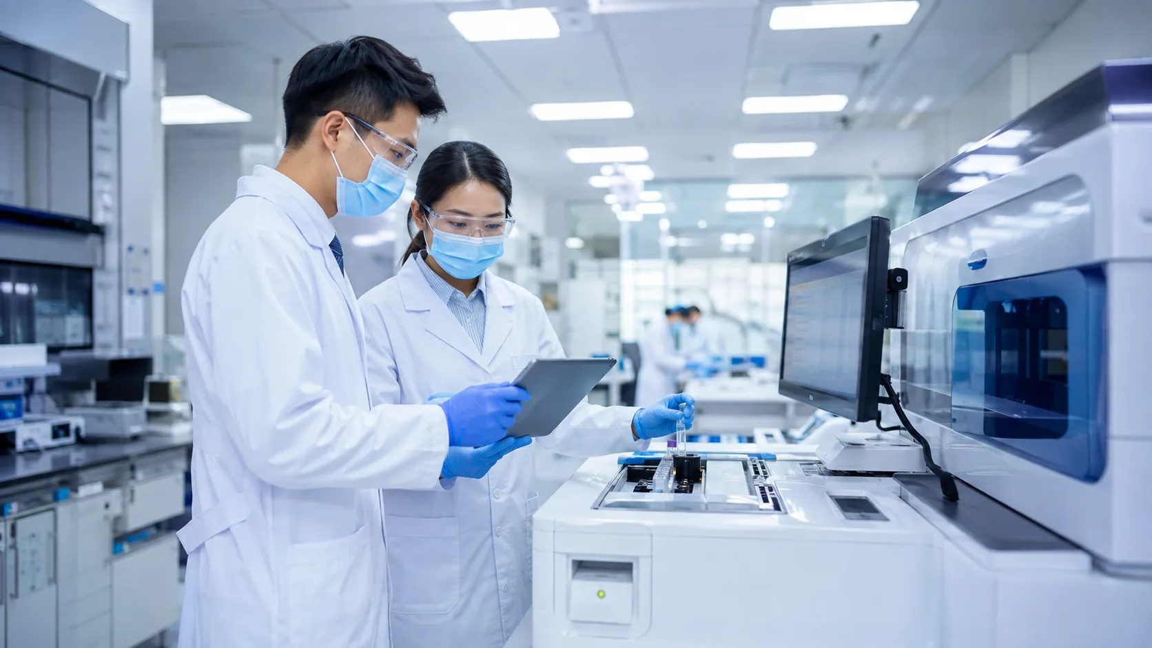 Laboratory staff operating an analyzer and reviewing information on a tablet
