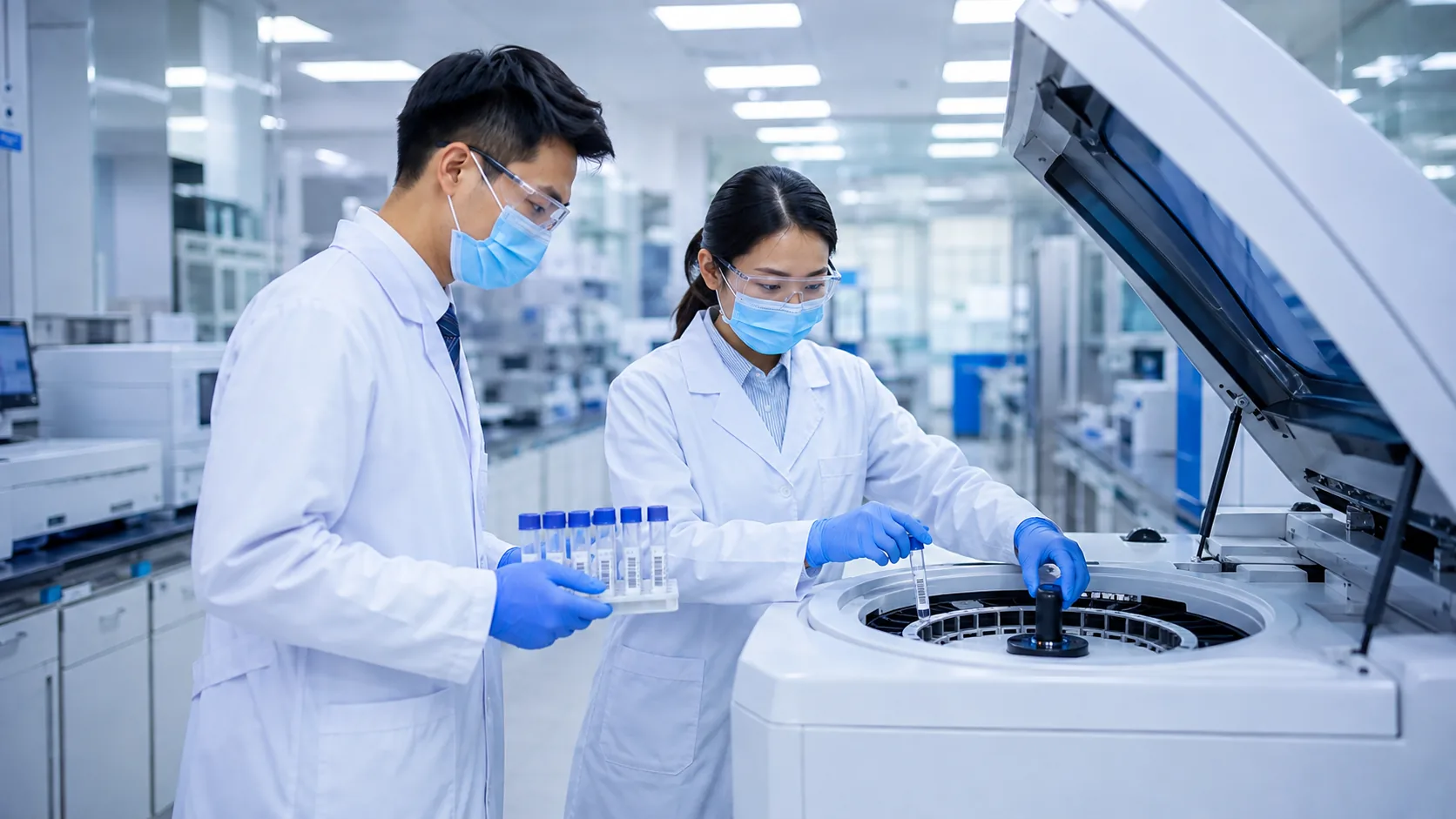 Laboratory staff loading prepared samples into a centrifuge