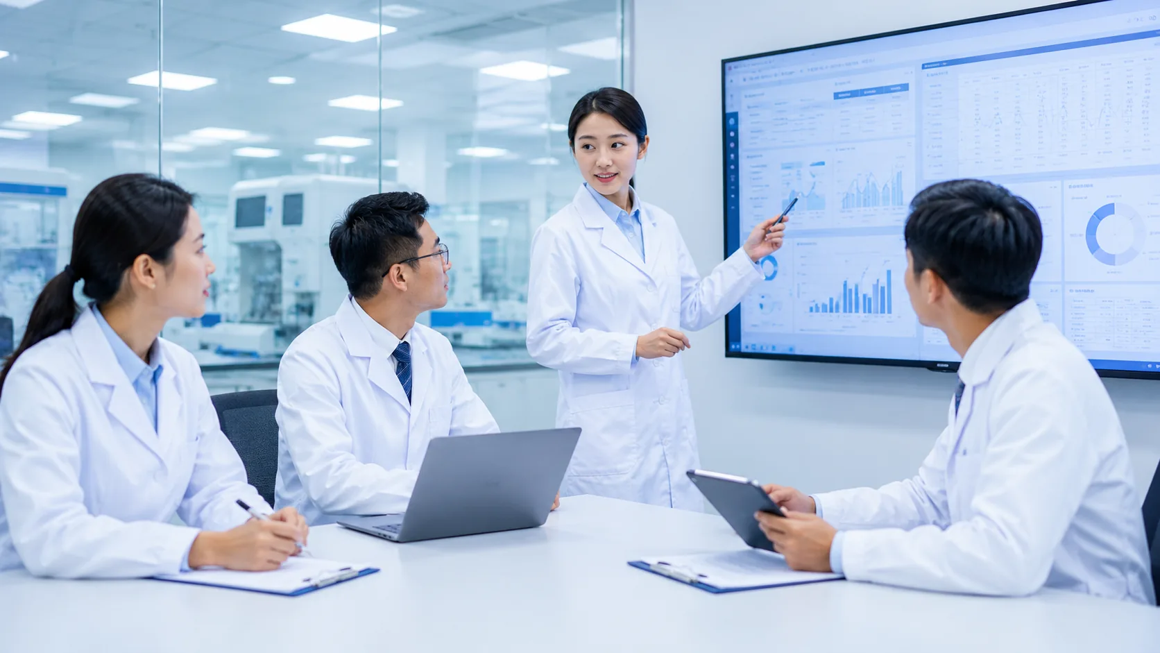Laboratory team discussing operational information in a meeting