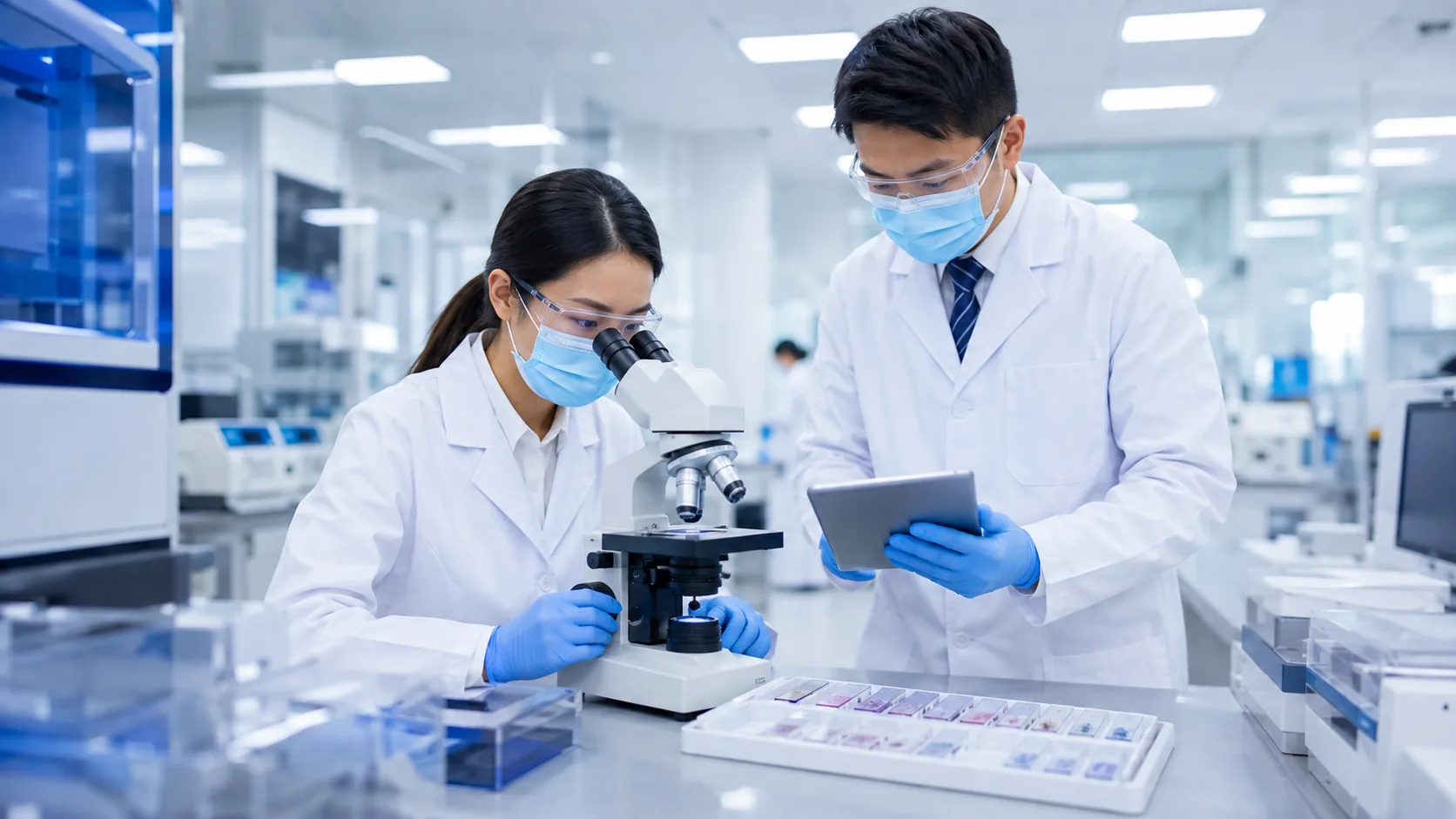 Laboratory staff reviewing a specimen under a microscope