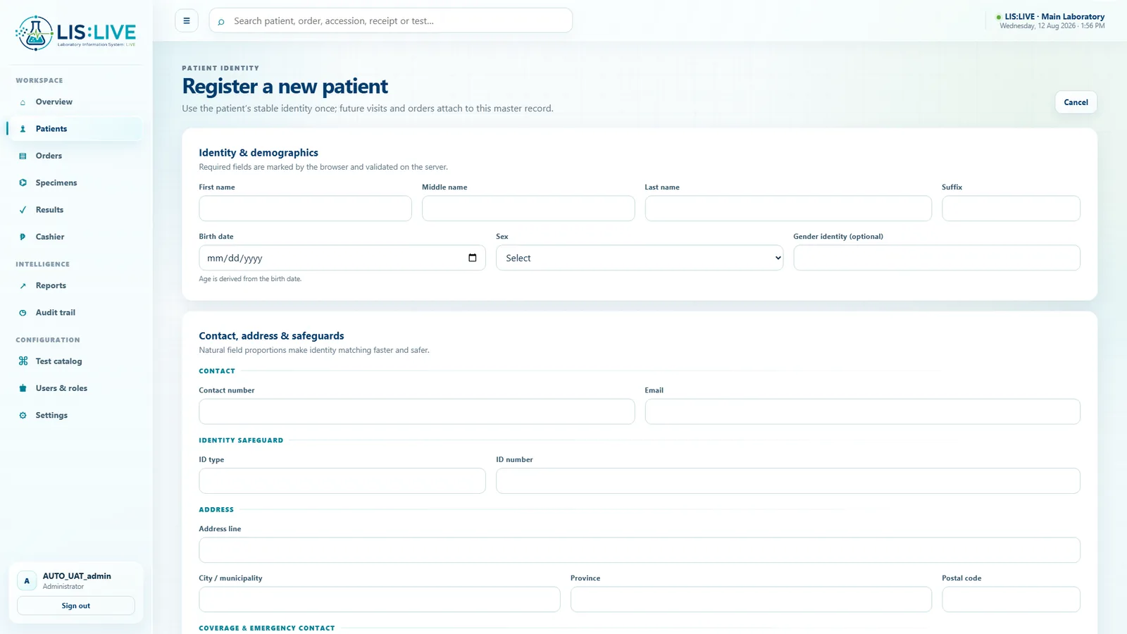 LIS-Live blank patient registration form from an automated QA environment