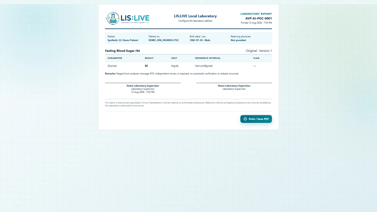 LIS-Live released laboratory report using a clearly labeled synthetic demo patient
