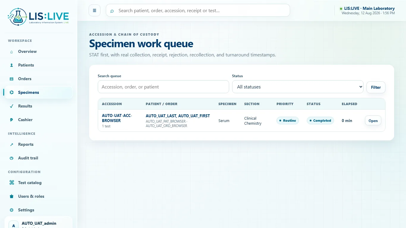 LIS-Live specimen work queue with AUTO_UAT synthetic data