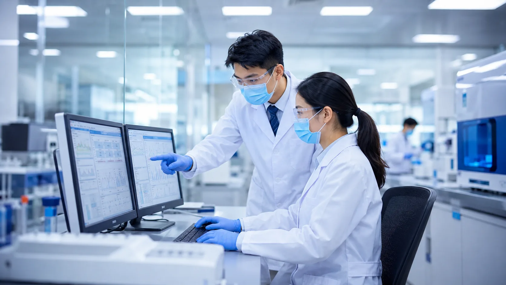 Laboratory professionals reviewing work on computer screens