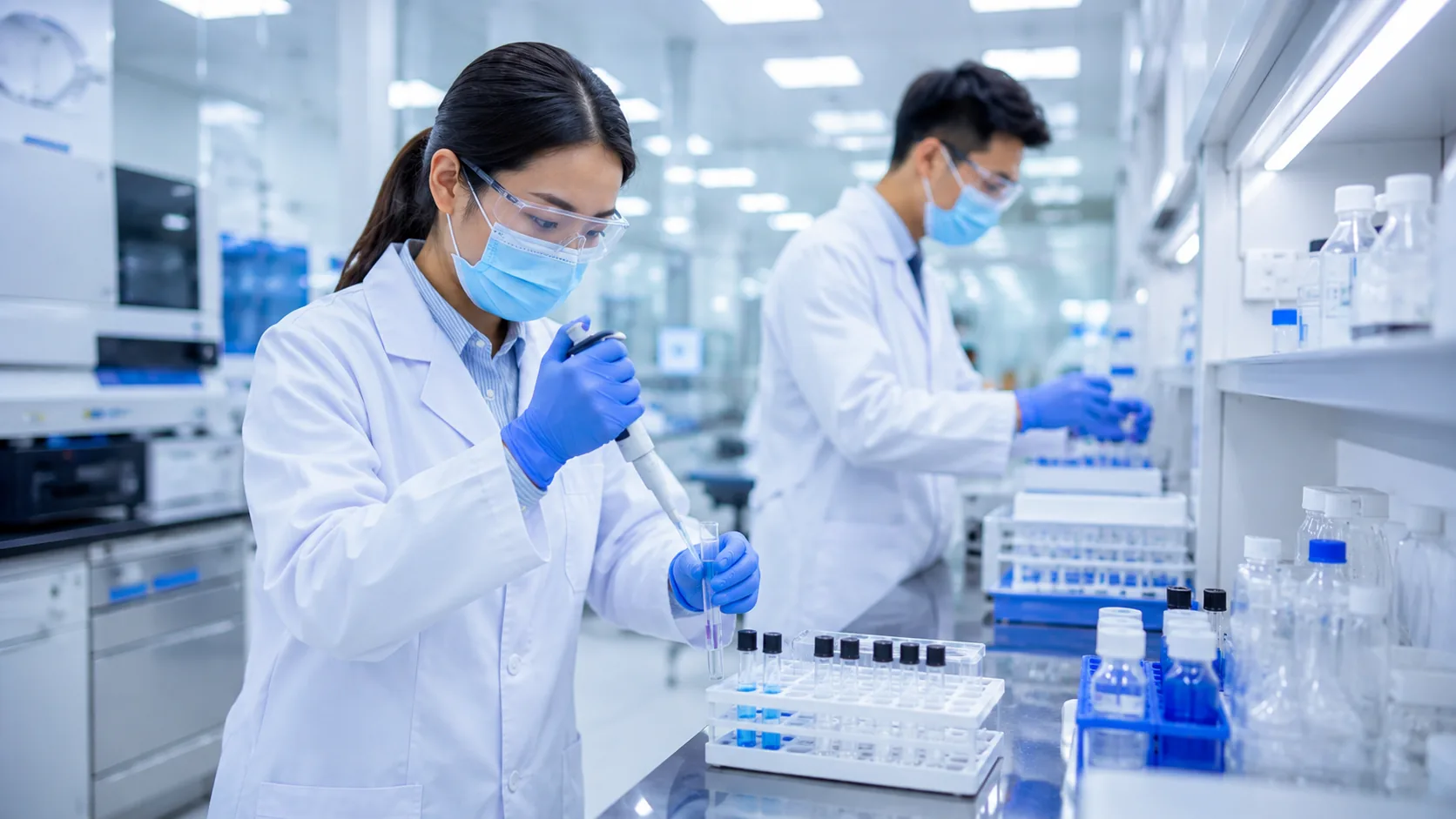 Medical technologist preparing laboratory samples with a pipette