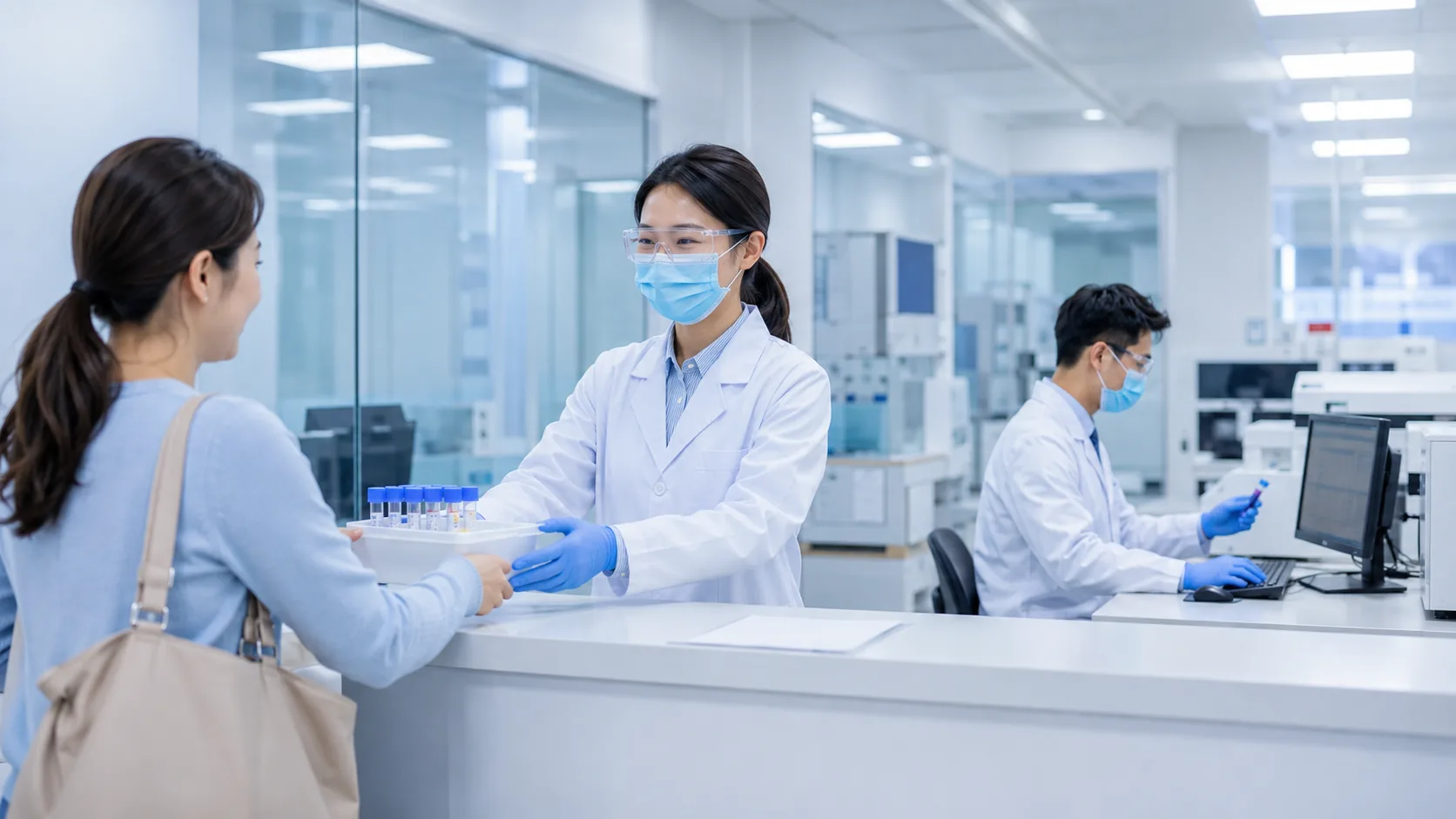 Laboratory receptionist receiving specimens from a patient
