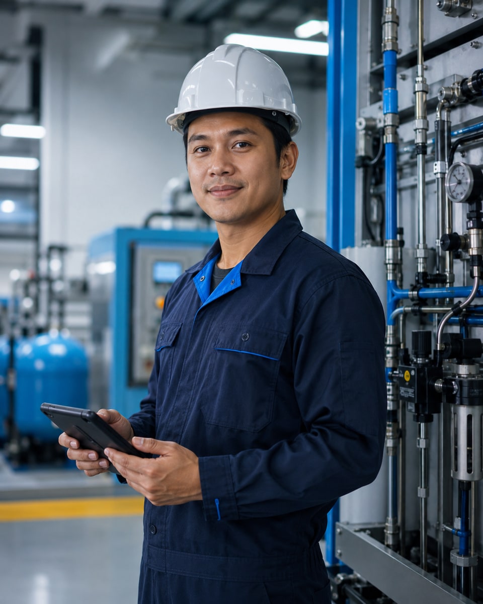 Conceptual technical specialist reviewing compressed-air equipment