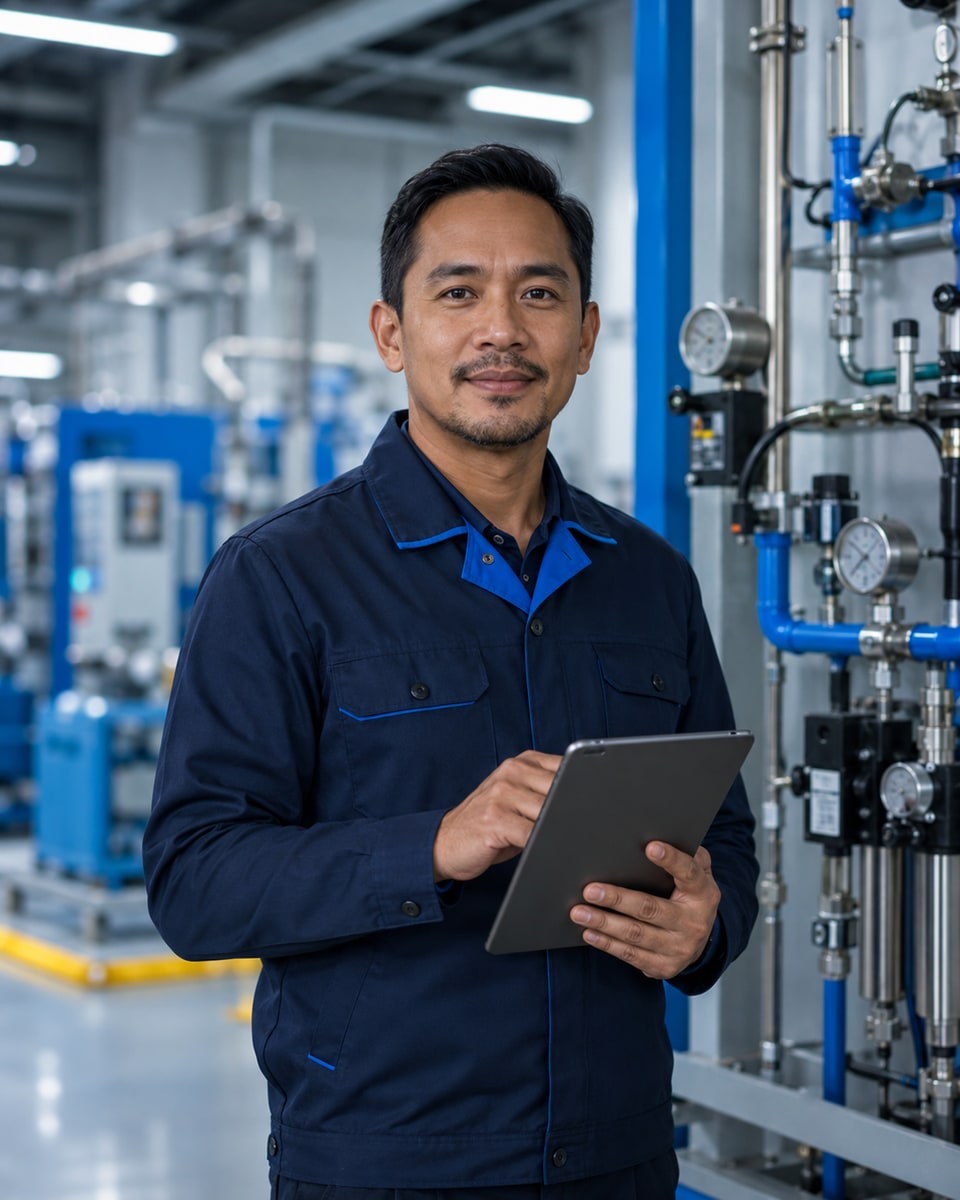 Conceptual controls specialist beside a technical display