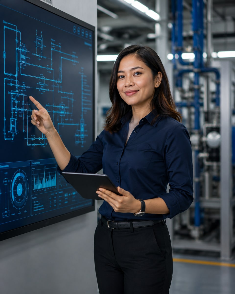 Conceptual engineering team in a modern industrial facility